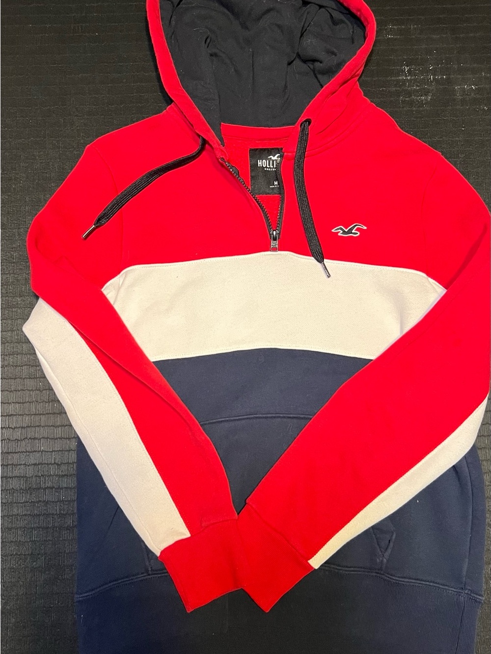 Hollister Men’s Red, White & Navy Half-Zip Colorblock Hoodie